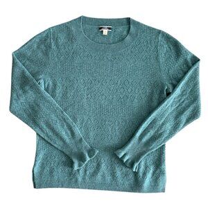 J CREW 100% Cashmere Pointelle Heathered Teal Blue Sweater Size Medium Ruffle